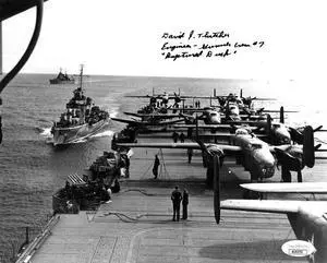 David Thatcher signed 1942 WWII Doolittle Raiders USS Hornet B&W 8x10 Photo- JSA #AC92751- Ruptured Duck- Engineer- Gunner Crew