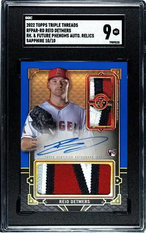 Reid Detmers 2022 Topps Triple Threads RK & Futures Phenoms Sapphire Auto Relics Card (RC)- SGC Graded 9 MT (Los Angeles Angels)