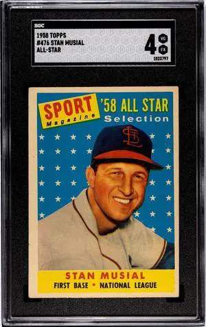 Stan Musial 1958 Topps All-Star Baseball Card #476- SGC Graded 4 VG-EX (St. Louis Cardinals/HOF)