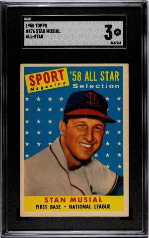 Stan Musial 1958 Topps All-Star Baseball Card #476- SGC Graded 3 VG (St. Louis Cardinals/HOF)