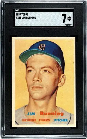 Jim Bunning 1957 Topps Baseball Rookie Card (RC) #338- SGC Graded 7 NM (Detroit Tigers/HOF)