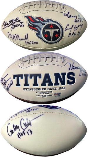 Warren Moon/Bruce Matthews/Campbell/Bethea/Munchak signed Tennessee Titans Logo Football  PSA (Oilers HOF-7 sig)