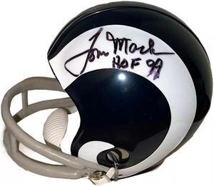 Tom Mack signed Los Angeles Rams Riddell TB 2-Bar Mini Helmet HOF 99 imperfect- COA