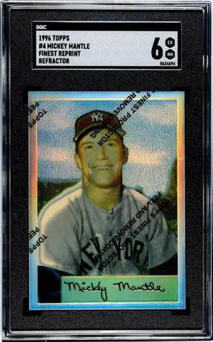 Mickey Mantle 1996 Topps Finest Reprint 1954 Bowman Refractor Card #4 w/Coating- SGC Graded 6 EX-NM (New York Yankees/HOF)