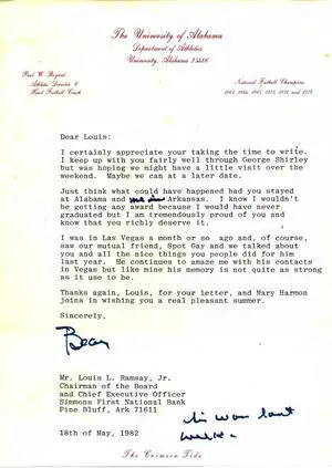 Paul Bear Bryant signed Official Alabama Crimson Tide Letter- JSA Full LOA #Z39587 (May 18th, 1982)