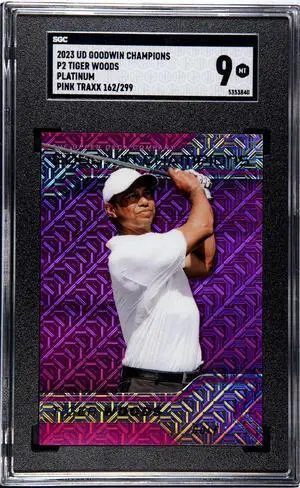 Tiger Woods 2023 Upper Deck Goodwin Champions Platinum Pink Traxx Card #P2- /299- SGC Graded 9 Mint