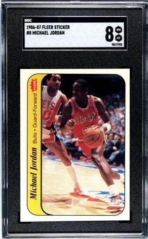 Michael Jordan 1986-87 Fleer Sticker Rookie Card (RC) #8- SGC Graded 8 NM-MT (Chicago Bulls/HOF/GOAT)
