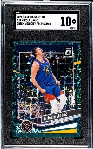 Nikola Jokic 2023-24 Donruss Optic Green Velocity Prizm Card #19- /49- SGC Graded 10 Gem Mint (Denver Nuggets)