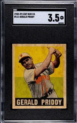 Gerald/Jerry Priddy 1948-49 Leaf Gum Co Card #111- SGC Graded 3.5 VG+ (St. Louis Browns/Senators/Tigers)