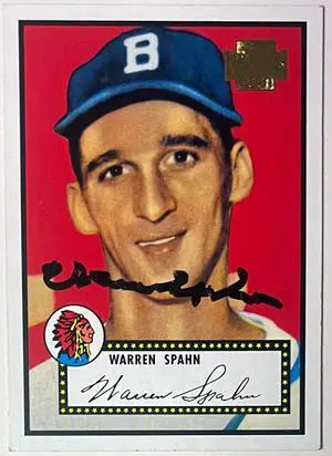 Warren Spahn signed 2001 Topps Archives #33 On Card Auto (Boston Braves/HOF/1952)- COA