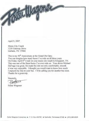 Porter Wagoner signed 2007 Porter Wagoner Enterprises Logo Stationery/Letter -COA (Grand Ole Opry/HOF/RARE)
