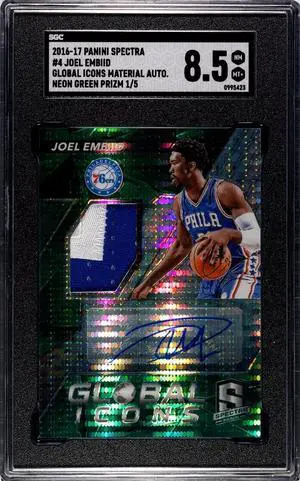 Joel Embiid 2016-17 Panini Spectra Global Icons Material Neon Green Prizm Auto Card #4- /5- SGC Graded 8.5 NM-MT+ (76ers)