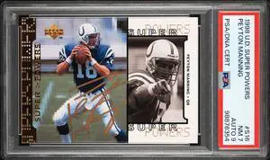 Peyton Manning signed 1998 Upper Deck Super Powers Rookie On Card Auto (RC) #S16- PSA Graded 7 NM/Autograph 9 (Colts/HOF)