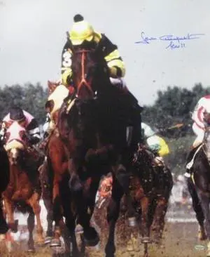 Jean Cruguet signed Kentucky Derby Horse Racing 16x20 Photo Vertical w/ Slew 77