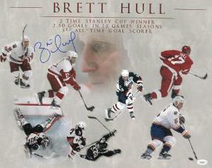 Brett Hull signed Career Collage 16x20 Photo (Detroit Red Wings/St. Louis Blues/Calgary Flames/Dallas Stars)- JSA Hologram