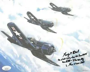 George C. Axtell signed WWII Corsair Vintage Color 8x10 Photo Ace Pilot- 5 in One Day- JSA Hologram #DD64541