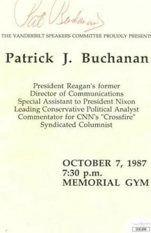 Patrick J Buchanan signed 1987 Vanderbilt Speaker Program- JSA Hologram #EE41590 (CNN's Crossfire/Reagan Comm. Director)