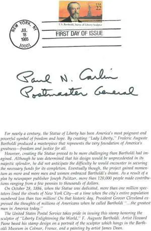 Paul N Carlin signed 1985 Statue Of Liberty Sculptor Frederic Auguste Bartholdi 1st Day Issue Stamp 4-page- JSA Holo #DD64342