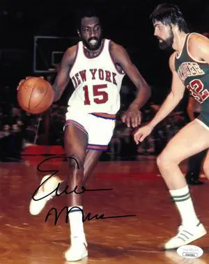 Earl Monroe signed New York Knicks 8x10 Photo- JSA Hologram (black sig vs Bucks)