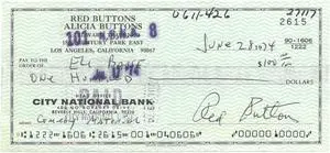 Red Buttons signed 1974 Personal Cancelled Check- PSA LOA- NM Signature