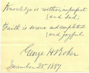 George H. Boker signed Vintage 4x3.5 Cut Signature Poem/Dec 28, 1889- JSA Hologram #EE63462 (Civil War Poet/Us Ambassador)