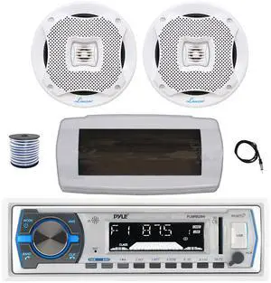 Pyle PLMRB29W Single DIN Bluetooth Marine MP3 AM/FM Stereo Receiver with White Cover, 22" Radio Antenna, Wire, 2x 6.5" 400W Max 2-Way Water Resistant Audio Speakers (White)