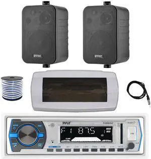 Pyle PLMRB29W Single DIN Bluetooth Marine MP3 AM/FM Stereo Receiver with White Cover, 22" Radio Antenna, Wire, 2x 4" 30 Watt Peak Water-Resistant 3-Way InDoor/OutDoor Audio Speakers (Black)