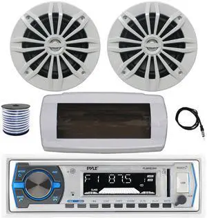 Pyle PLMRB29W Single DIN Bluetooth Marine MP3 AM/FM Stereo Receiver with White Cover, 22" Radio Antenna, Wire, 2x 6.5" 180 Watt Max Power 2-Way Water Resistant Audio Speakers (White)