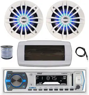 Pyle PLMRB29W Single DIN Bluetooth Marine MP3 AM/FM Stereo Receiver with White Cover, 22" Radio Antenna, Wire, 2x 6.5" 180 Watt Peak 2-Way Blue Flashing LED Boat Audio Speakers (White)