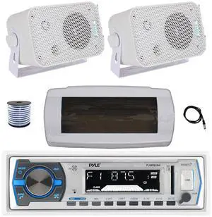 Pyle PLMRB29W Single DIN Bluetooth Marine MP3 AM/FM Stereo Receiver with White Cover, 22" Radio Antenna, Wire, 2x 3.5" 300W Max Indoor/Outdoor Waterproof Wall Mount Speakers (White)