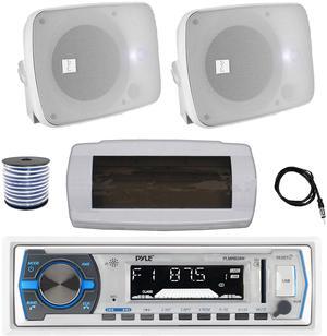 Pyle PLMRB29W Single DIN Bluetooth Marine MP3 AM/FM Stereo Receiver with White Cover, 22" Radio Antenna, Wire, 2x 5.25" 600 Watt Max Power Bluetooth Indoor/Outdoor Waterproof Audio Speakers (White)