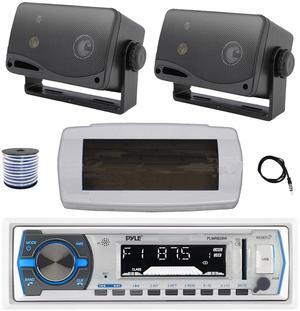 Pyle PLMRB29W Single DIN Bluetooth Marine MP3 AM/FM Stereo Receiver with White Cover, 22" Radio Antenna, Wire, 2x 3.5'' 200 Watt Max 3-Way Indoor/Outdoor Wall Mount Speaker (Black)