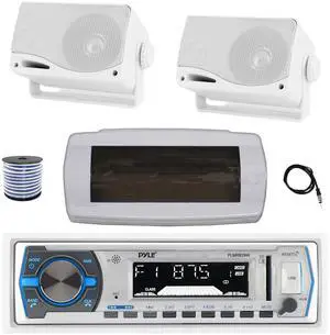 Pyle PLMRB29W Single DIN Bluetooth Marine MP3 AM/FM Stereo Receiver with White Cover, 22" Radio Antenna, Wire, 2x 3.5'' 200 Watt Max 3-Way Indoor/Outdoor Wall Mount Speaker (White)