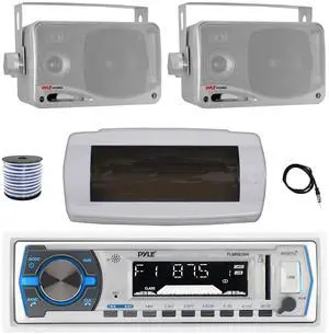 Pyle PLMRB29W Single DIN Bluetooth Marine MP3 AM/FM Stereo Receiver with White Cover, 22" Radio Antenna, Wire, 2x 3.5'' 200 Watt Max 3-Way Indoor/Outdoor Wall Mount Speaker (Silver)