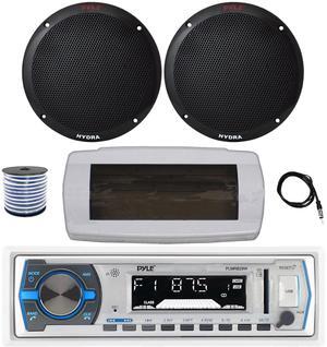 Pyle PLMRB29W Single DIN Bluetooth Marine MP3 AM/FM Stereo Receiver with White Cover, 22" Radio Antenna, Wire, 2x 6.5'' 400W Peak 2-Way Full Range Dual Cone Waterproof Stereo Speakers (Black)