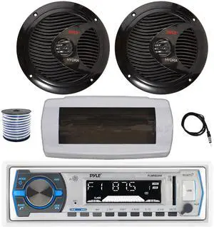Pyle PLMRB29W Single DIN Bluetooth Marine MP3 AM/FM Stereo Receiver with White Cover, 22" Radio Antenna, Wire, 2x 6.5" 150 Watt Max Full Range Dual Cone Waterproof Stereo Speakers (Black)