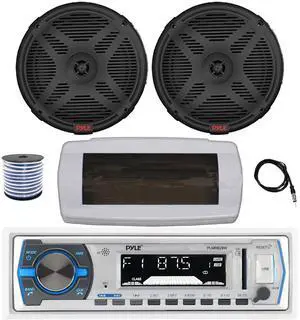 Pyle PLMRB29W Single DIN Bluetooth Marine MP3 AM/FM Stereo Receiver with White Cover, 22" Radio Antenna, Wire, 2x 6.5" 600 Watt Max 2-Way Full Range Dual Cone Waterproof Stereo Speakers (Black)
