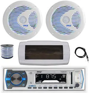 Pyle PLMRB29W Single DIN Bluetooth Marine MP3 AM/FM Stereo Receiver with White Cover, 22" Radio Antenna, Wire, 2x 6.5'' 150 Watt Max Dual Cone Multicolor LED Audio Speakers (White) w/Remote