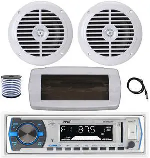 Pyle PLMRB29W Single DIN Bluetooth Marine MP3 AM/FM Stereo Receiver with White Cover, 22" Radio Antenna, Wire, 2x 6.5" 120 Watt Peak Full Range Dual Cone Waterproof Stereo Speakers (White)