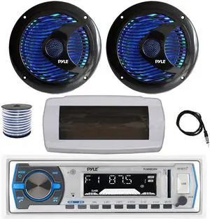 Pyle PLMRB29W Single DIN Bluetooth Marine MP3 AM/FM Stereo Receiver with White Cover, 22" Radio Antenna, Wire, 2x 6.5'' 150 Watt Max Dual Cone Multicolor LED Audio Speakers (Black) w/Remote