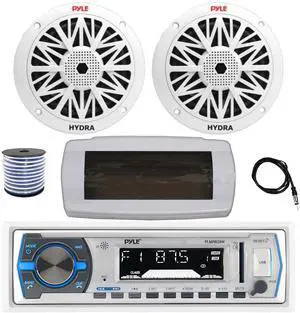 Pyle PLMRB29W Single DIN Bluetooth Marine MP3 AM/FM Stereo Receiver with White Cover, 22" Radio Antenna, Wire, 2x 8'' 300W Max Full Range Dual Cone Waterproof Stereo Speakers (White)