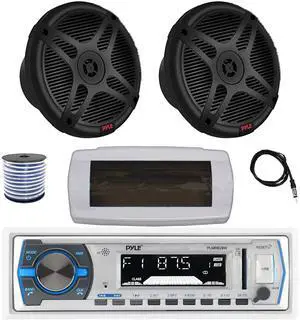 Pyle PLMRB29W Single DIN Bluetooth Marine MP3 AM/FM Stereo Receiver with White Cover, 22" Radio Antenna, Wire, 2x 6.5" 600 Watt Max 2-Way Full Range Waterproof Wireless RF Streaming Speakers (Black)