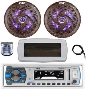 Pyle PLMRB29W Single DIN Bluetooth Marine MP3 AM/FM Stereo Receiver with White Cover, 22" Radio Antenna, Wire, 2x 6.5'' 240 Watt Peak  Slim Waterproof Multicolor LED Stereo Speakers (Camo)