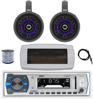 Pyle PLMRB29W Single DIN Bluetooth Marine MP3 AM/FM Stereo Receiver with White Cover, 22" Radio Antenna, Wire, 2x 4" 300W Max Bluetooth Waterproof Wakeboard LED Tower Speakers (Black)