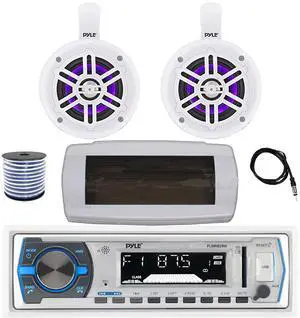 Pyle PLMRB29W Single DIN Bluetooth Marine MP3 AM/FM Stereo Receiver with White Cover, 22" Radio Antenna, Wire, 2x 4" 300W Max Bluetooth Waterproof Wakeboard LED Tower Speakers (White)