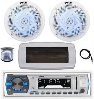 Pyle PLMRB29W Single DIN Bluetooth Marine MP3 AM/FM Stereo Receiver with White Cover, 22" Radio Antenna, Wire, 2x 4" 100 Watt Max 2-Way  Blue Flashing LED Boat Audio Speakers (White)