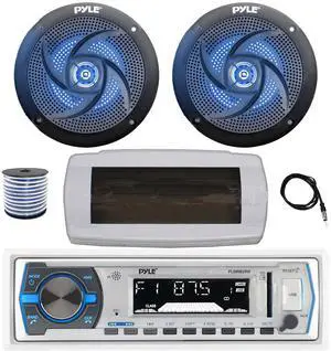 Pyle PLMRB29W Single DIN Bluetooth Marine MP3 AM/FM Stereo Receiver with White Cover, 22" Radio Antenna, Wire, 2x 4" 100 Watt Peak 2-Way  Blue Flashing LED Boat Audio Speakers (Black)