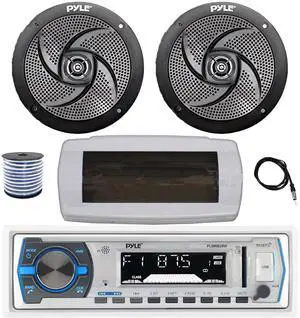 Pyle PLMRB29W Single DIN Bluetooth Marine MP3 AM/FM Stereo Receiver with White Cover, 22" Radio Antenna, Wire, 2x 5.25" 180 Watt Max 2-Way Waterproof  Boat Audio Speakers (Black)