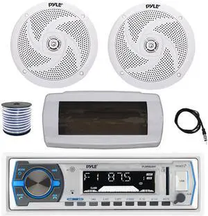 Pyle PLMRB29W Single DIN Bluetooth Marine MP3 AM/FM Stereo Receiver with White Cover, 22" Radio Antenna, Wire, 2x 6'' 240 Watt Max  2-Way Boat Audio Speakers (White)