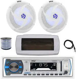 Pyle PLMRB29W Single DIN Bluetooth Marine MP3 AM/FM Stereo Receiver with White Cover, 22" Radio Antenna, Wire, 2x 8'' 320 Watt Max  2-Way Blue Flashing LED Boat Audio Speakers (White)